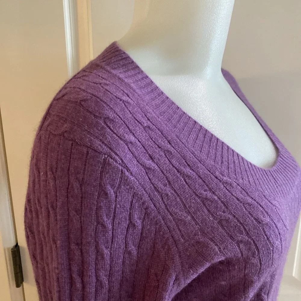 Kenar Cashmere Sweater Cable Knit V Neck 2 Ply Y2K Style Size Large Purple